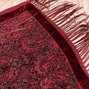 Wine colored cut velvet scarf with fringe
